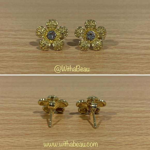Gold Tone Flower Earrings with Diamond Center - Fiona - Picture 3 of 3